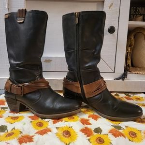 Pikolinos Black/Brown Leather Side Zip Calf Boot sz 41~Made in Spain & Like New!